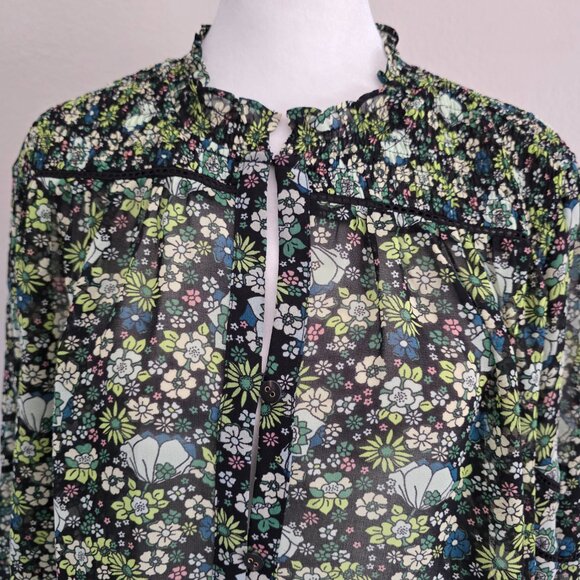 Scotch & Soda Amsterdam Green Floral Blouse Smocked Button Front Lightweight XL - Picture 2 of 8